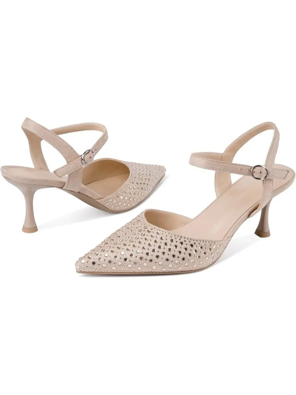 Women's Beige Faux Suede Rhinestone Ankle Strap Closed Toe Kitten Heels Pumps